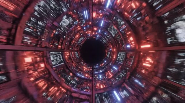 Zooming through a futuristic portal, a dynamic tunnel with vibrant neon lights, perfect for science fiction or technology projects in your next marketing campaign