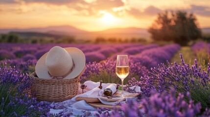 A romantic sunset picnic in Provence.  A couple enjoys white wine in lavender fields, surrounded by flowers, a straw hat, and a basket.
