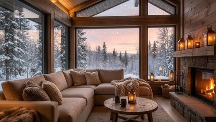 Warm winter cabin living room with fireplace and snowy forest view
