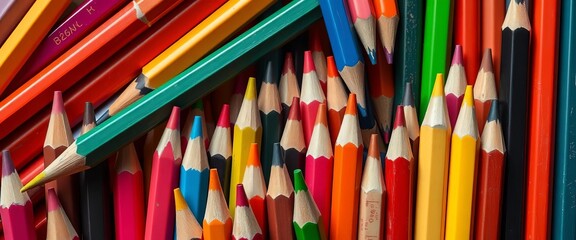 Assortment of colored pencils, sharpened points, vibrant hues, colors, multicolored