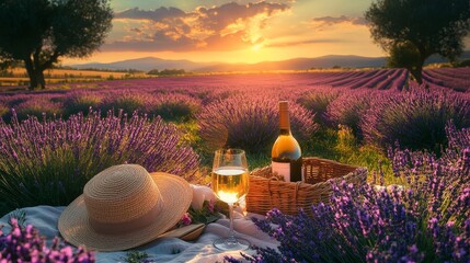 A romantic sunset picnic in Provence.  A couple enjoys white wine in lavender fields, surrounded by flowers, a straw hat, and a basket.
