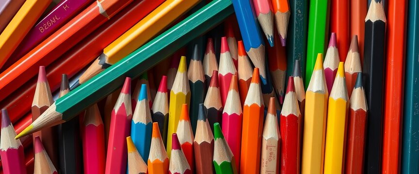 Assortment of colored pencils, sharpened points, vibrant hues,  colors,   multicolored