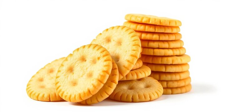 A stack of crisp soda crackers isolated on white,  delicious,   high-quality