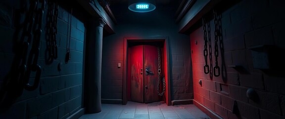 Claustrophobic, dimly lit escape room with ominous shadows and rusty chains, chains, antique
