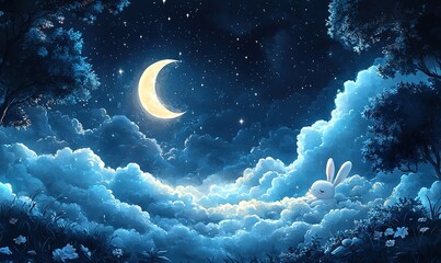 Enchanting night sky with crescent moon, starry sky, and whimsical bunny among clouds