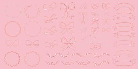 Rose gold decorative elements ribbons bows wreaths and banners on pink background