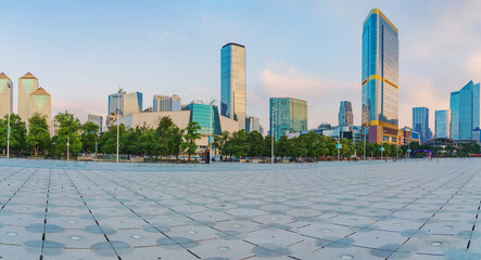Modern Urban Architecture Skyline and Civic Square Park in Guangzhou, China on June 5, 2023