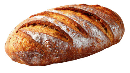 Fresh rustic artisan bread loaf with golden crust, textured surface and traditional baking style showcasing homemade food and bakery concept on white background