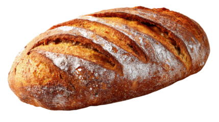 Fresh rustic artisan bread loaf with golden crust, textured surface and traditional baking style showcasing homemade food and bakery concept on white background