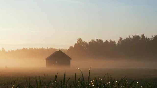 Misty sunrise over a field with a silhouetted barn.
