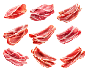 Set of Slices of cured meat Prosciutto arranged in layers, isolated on white transparent background, concept of gourmet food and delicacy