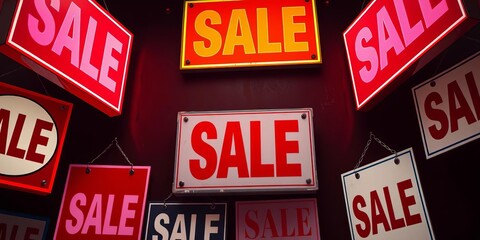 Dramatic close-up of sale signs on a dark background, cyber monday, shopping