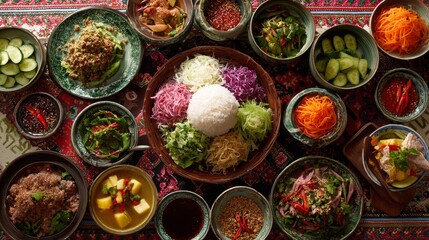 Fototapeta premium Vibrant Array of Fresh Ingredients and Colorful Dishes on a Traditional Tablecloth for a Culinary Feast Experience