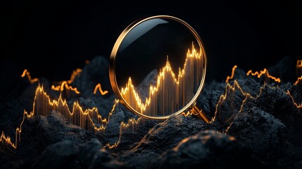 Magnifying Glass  Focus  Investment concept Magnifying glass over abstract mountain landscape with data lines.