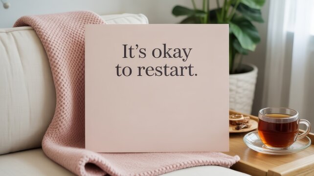 Cozy card on a couch with warm tea inviting moments of reflection and restart in a peaceful living room setting. Quitters Day