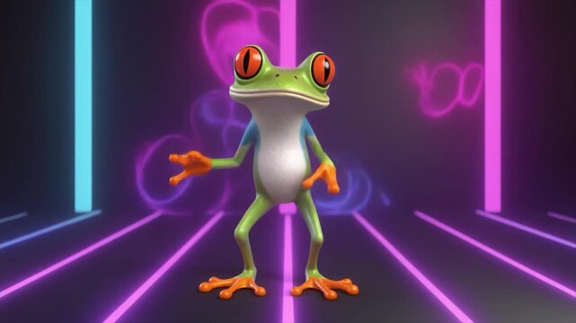3D Rendered Red- Eyed Tree Frog Standing with Arms Raised in Neon Lit Environment red-eyed tree frog