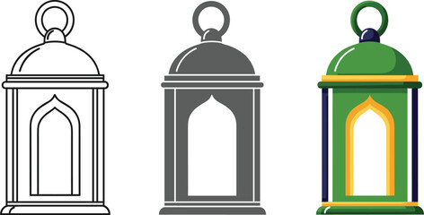 Set of three traditional ramadan lanterns isolated on white background, showcasing line art, grayscale, and vibrant green and yellow color variations