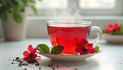 Hot hibiscus tea in a glass cup with flowers and leaves on a saucer  