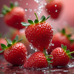 Fresh strawberries splashing in water with droplets on a pink background  