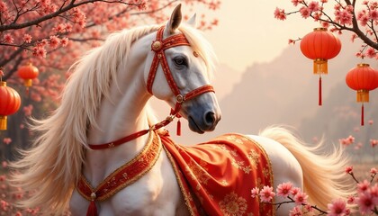 Majestic white horse adorned in red attire with cherry blossoms background  