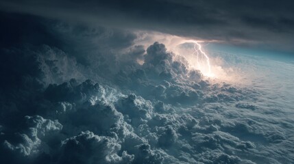 Fototapeta premium Dramatic Thunderstorm Overlooking Billowing Clouds with Striking Lightning Illuminating the Dark Sky During an Ominous Weather Event