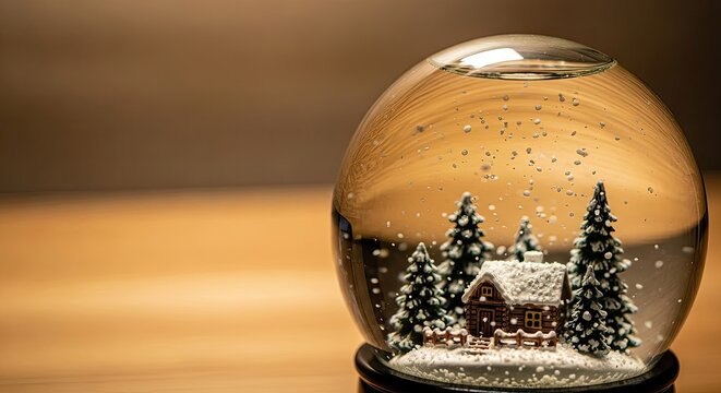 Sparkling snow globe captures winter scene, Christmas magic shines, holiday enchantment glows