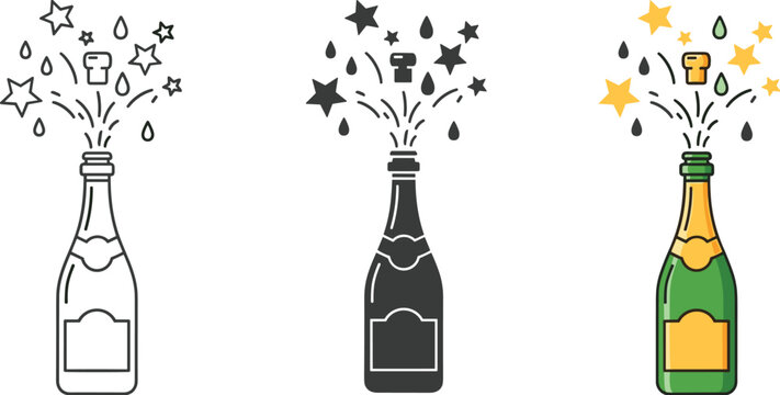 Champagne bottle popping with stars and drops isolated on white background celebration, party, holiday concept line, silhouette, and color versions