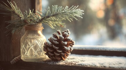 frosted pinecone with evergreen branch and glass jar on a snowy wooden windowsill in warm winter light, cozy atmosphere, soft sunlight, detailed