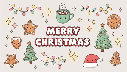 Fototapeta premium Adorable Merry Christmas card featuring smiling gingerbread cookies, trees, lights, and cozy cocoa art