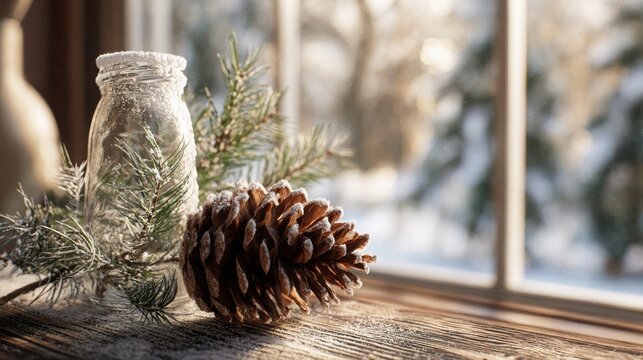 frosted pinecone on evergreen branch next to glass jar on snowy wooden windowsill, warm winter sunlight, soft glowing light, cozy winter scene