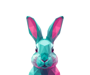 Stylized low poly rabbit with neon pink and teal colors isolated on transparent background