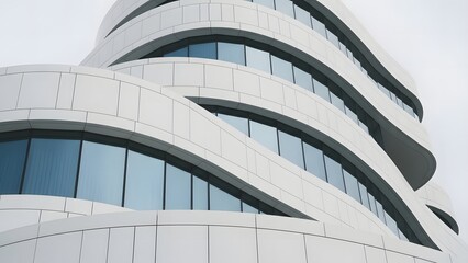 Close up shot of the exterior facade of a modern white building featuring unique curved, flowing, and wavy architectural design