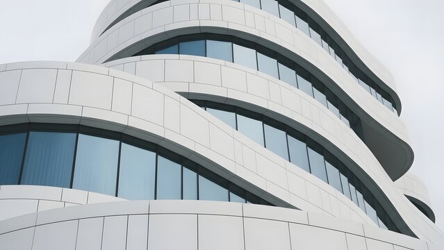 Close up shot of the exterior facade of a modern white building featuring unique curved, flowing, and wavy architectural design