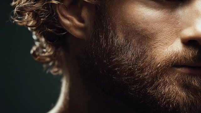 Close-up of a man's curly hair and beard showcasing texture and detail in dramatic lighting