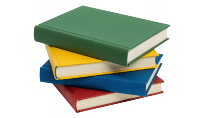 Stack of four hardcover books in green yellow blue and red colors isolated on a transparent background