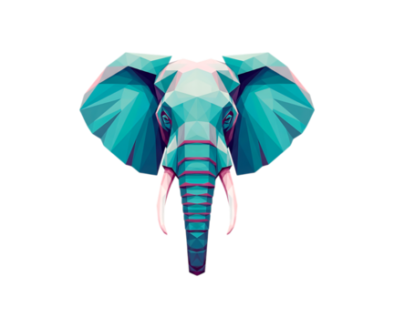 Geometric teal elephant head low poly art isolated on transparent background