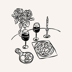 Hand drawn retro romantic dinner illustration