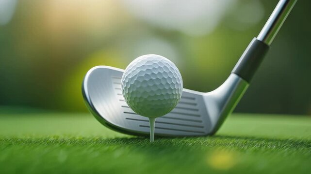 Close-up of a golf ball on a tee with an iron club ready for a shot in a lush green setting - Powered by Adobe