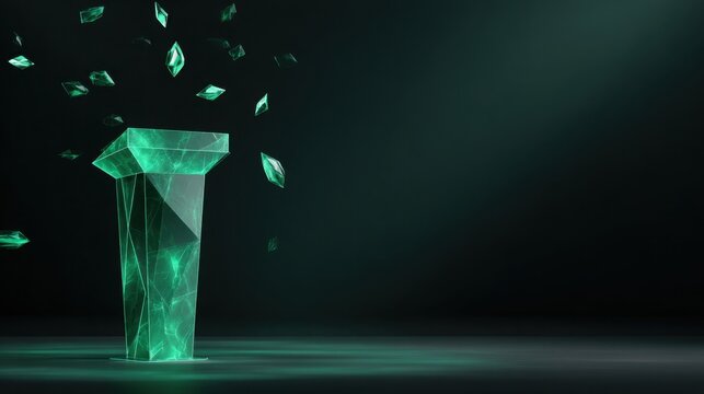 Futuristic emerald green crystal podium with geometric facets, floating illuminated crystal shards around it, high fashion luxury look, clean dark