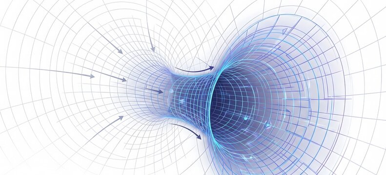 Digital science fiction wormhole tunnel visualization with blue wireframe grid lines representing space travel and time warp concepts perfect for astronomy and theoretical physics backgrounds