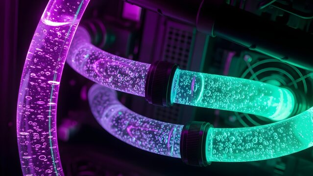 Extreme close up of transparent tubes filled with glowing neon purple and green liquid coolant and bubbles for custom high performance computer cooling system component