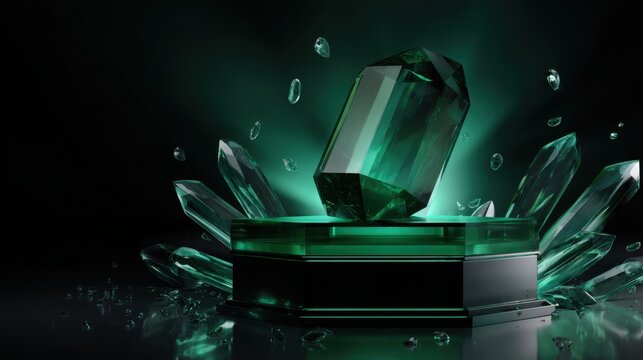 Futuristic emerald green crystal podium with geometric facets, floating illuminated crystal shards around it, high fashion luxury look, clean dark