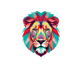 Colorful geometric lion head portrait isolated on transparent background