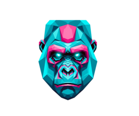 Stylized low poly gorilla head with neon pink and blue colors isolated on transparent background