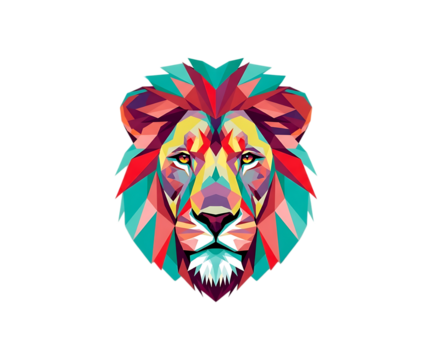 Colorful geometric lion head portrait isolated on transparent background