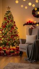 A warm, inviting Christmas living room scene. A brightly lit Christmas tree adorned with red and green ornaments stands in the corner, surrounded by perfectly wrapped gifts. A cozy, plush armchair wit