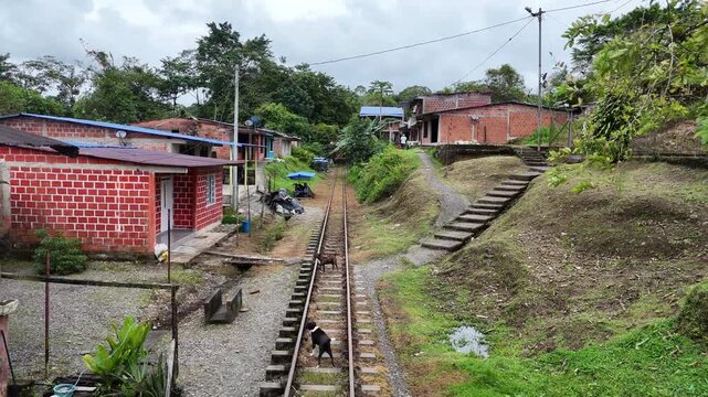 Aerial view pulling back from the historic narrow-gauge railroad tracks ("brujitas") into the remote, lush jungle village of San Cipriano, Colombia