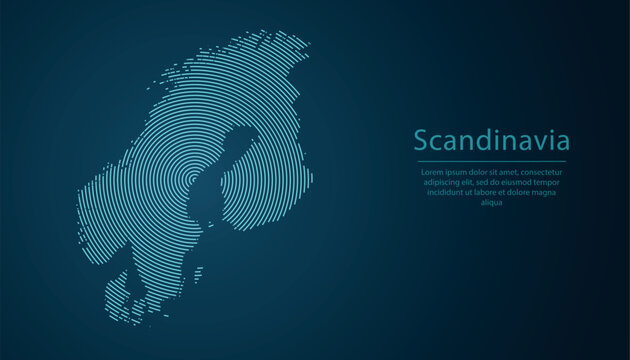 Glowing neon line map of Scandinavia in abstract circular vector style