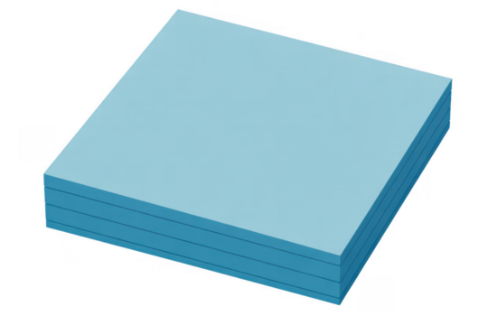 Stack of light blue paper sticky notes with visible layers isolated on a transparent background