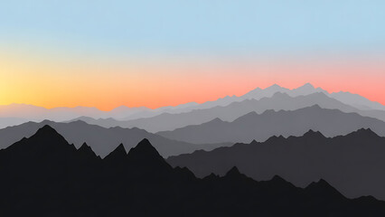 Naklejka premium Minimalist mountain landscape illustration at colorful sunrise or sunset with atmospheric perspective layers